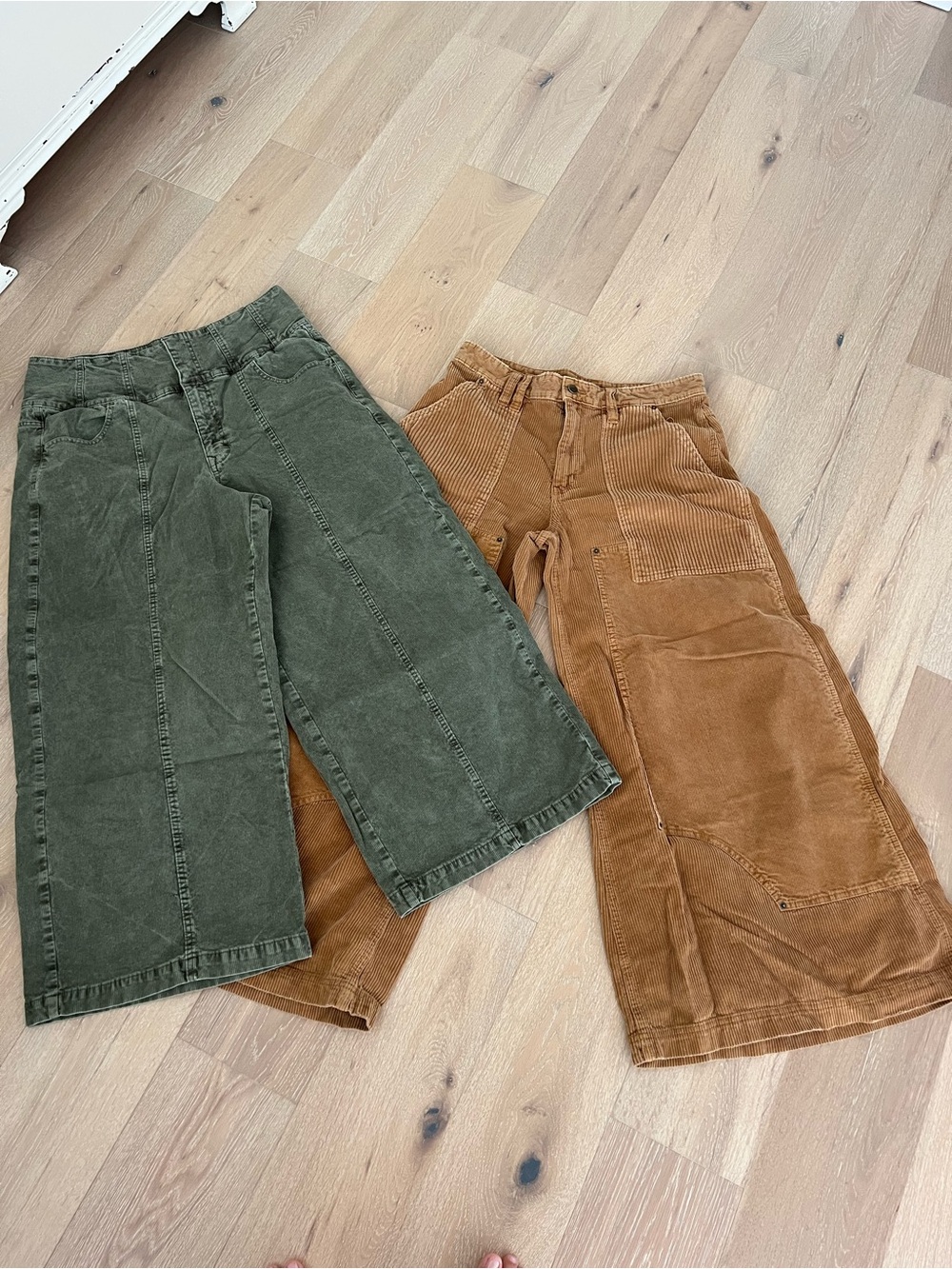 Two Wide-Leg Corduroy Pants - AE in Green and BDG in Rust Brown